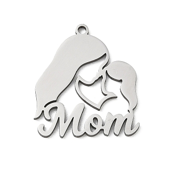 Mother's Day 304 Stainless Steel Pendants, Mom & Child Charms, Stainless Steel Color, 22.5x19.5x1mm, Hole: 1.5mm
