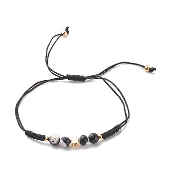 Natural Agate & Brass Clover Beaded Cord Bracelet, Gemstone Braided Adjustable Bracelet for Women, Black, Inner Diameter: 7/8~3-5/8 inch(2.1~9.3cm)