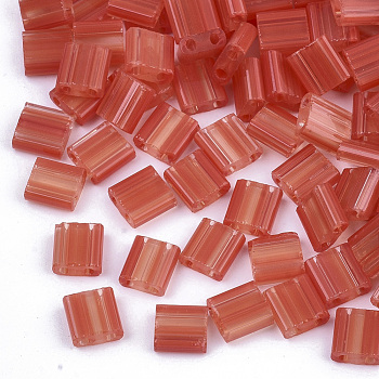 2-Hole Glass Seed Beads, Striped Seed Beads, Transparent Colours, Two Tone, Rectangle, Red, 5x4.5~5.5x2~2.5mm, Hole: 0.5~0.8mm