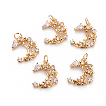 Brass Micro Pave Cubic Zirconia Pendants, with Jump Rings, Moon, Clear, Golden, 18.5x15x3.5mm, Hole: 3mm