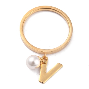 Dual-use Items, 304 Stainless Steel Finger Rings or Pendants, with Plastic Round Beads, Golden, White, Letter.V, US Size 5~9(15.7~18.9mm)