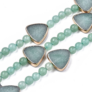 Natural Green Aventurine Beads Strands, with Light Gold Brass Edge, Triangle & Round, 6.5mm, Hole: 1.2mm, Triangle: 16.5x17.5x4mm, Hole: 1.2mm, about 23pcs/strand, 6.69 inch(17cm)