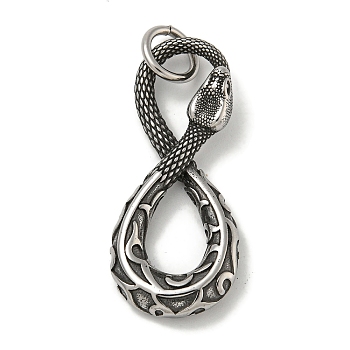 316 Surgical Stainless Steel Pendants, with Jump Ring, Snake Charm, Antique Silver, 42x18x5mm, Hole: 7mm