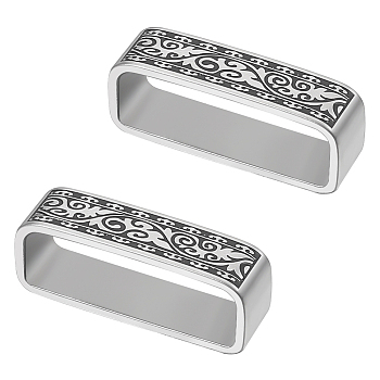 2Pcs 304 Stainless Steel Loop Keepers, Men's Belt Buckle, Rectangle with Floral Pattern, Antique Silver, 45x12x7mm, Inner Diameter: 40.5x13mm