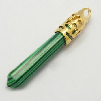 Synthetic Malachite Big Pendants, with Brass Findings, Faceted, Synthetical, Green, Size: about 58~66mm long, 10mm wide, hole: 4mm wide, 5mm long
