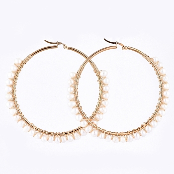 304 Stainless Steel Beaded Big Hoop Earrings, with Natural Pearl Beads, Ring, Golden, 66x5mm, Pin: 0.8mm