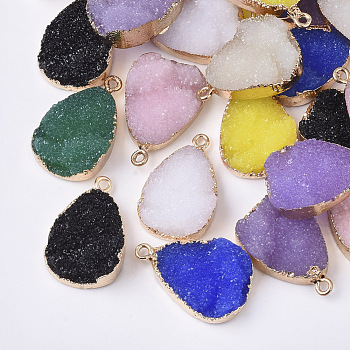 Druzy Resin Pendants, with Edge Light Gold Plated Iron Loops, Teardrop, Mixed Color, 26.5x17x8.5mm, Hole: 1.8mm