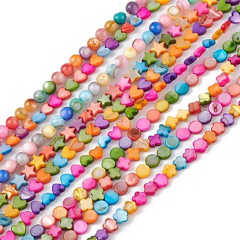 10 Strands Colorful Natural Freshwater Shell Dyed Beads Strands, Round & Flower & Star, Mixed Shapes, 6~7x6~7.5x2.5~6mm, about 60~70pcs/strand, 13.98~15.35''(35.5~39cm)