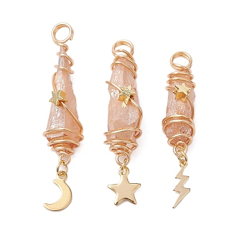 3Pcs 3 Styles Electroplated Natural Quartz Crystal Nuggets Copper Wire Wrapped Pendants, with Brass Moon Star Lightning Bolt, Light Gold, Sandy Brown, 43.5~46x7.5~13.5x8~10mm, Hole: 3.5mm, 1pc/style