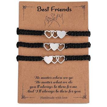 3Pcs 3 Style Stainless Steel Heart Link Bracelets Set, Nylon Cord Adjustable Bracelets for Best Friends Family, Black, Inner Diameter: 2-1/8~4 inch(5.4~10cm), 1Pc/style