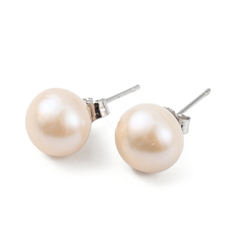 Natural Pearl Round Bead Stud Earrings, with Real Platinum Plated 925 Sterling Silver Findings, Blanched Almond, 18x9~10mm