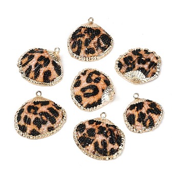 Spray Paint & Electroplate Natural Sea Shell Pendants, Leopard Pattern Shell Charms with Golden Tone Iron Loops, Coconut Brown, 20.5~31x22~32x6.5~9.5mm, Hole: 1.4~1.8mm