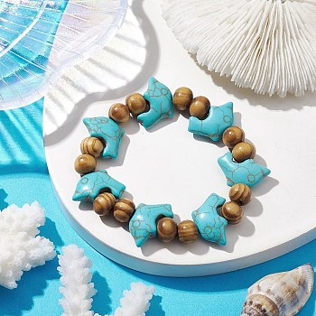 Beach Dolphin Dyed Synthetic Turquoise Stretch Bracelets, Summer Wood Beaded Kid Bracelets for Girls, Turquoise, Inner Diameter: 1-3/4 inch(4.5cm), Bead: 7x8~8.5mm, Dolphin: 12x19.5mm