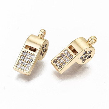 Brass Micro Pave Clear Cubic Zirconia Charms, Nickel Free, Whistle, Real 18K Gold Plated, 14.5x6x5mm, Hole: 1.2mm