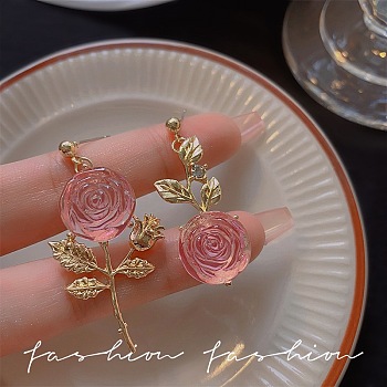Rose Flower Stainless Steel & Glass Asymmetrical Dangle Earrings  for Women, Golden