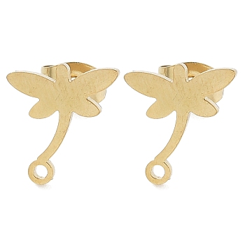 Dragonfly Ion Plating(IP) 304 Stainless Steel Stud Earring Findings, with Loop, Golden, 11x10.5mm, Hole: 1.2mm, Pin: 0.8x11mm