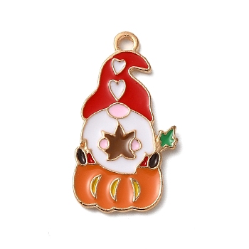 Thanksgiving Day Golden Tone Alloy Enamel Pendants, Pumpkin with Gnome, 27x14.5x1.5mm, Hole: 1.8mm