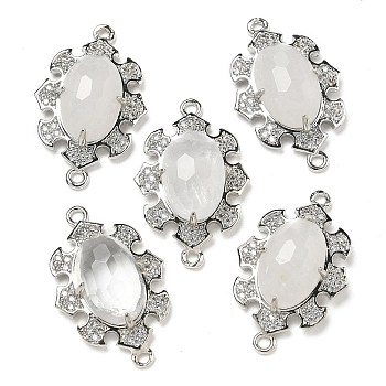 Natural Quartz Crystal Faceted Oval Connector Charms, Rack Plating Brass Micro Pave Clear Cubic Zirconia Rock Crystal Flower Links, Platinum, 25.5x16x7mm, Hole: 1.2mm