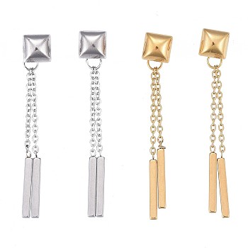 304 Stainless Steel Chain Tassel Earrings, with Ear Nuts, Bar & Square, Mixed Color, 44mm, Pin: 0.7mm