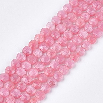 Natural Rhodochrosite Beads Strands, Faceted, Dyed, Flat Round, 6~6.5x3.5mm, Hole: 0.8mm, about 59~60pcs/strand, 14.9 inch~15.1 inch