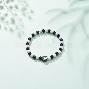 Polymer Clay Yin Yang & Acrylic Round Beaded Stretch Bracelet for Women(BJEW-JB08529)-2