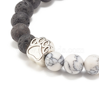 Synthetic Howlite & Natural Lava Rock Round Beaded Stretch Bracelet with Alloy Paw Print(X-BJEW-JB07843)-3