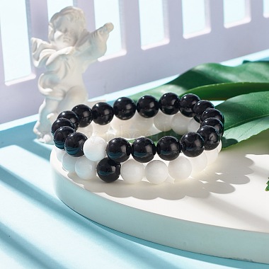 2Pcs 2 Color 10.5MM Natural Mashan Jade(Dyed) & Malaysia Jade(Dyed) Round Beaded Stretch Bracelets Set(BJEW-JB07642)-2