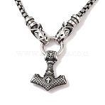 304 Stainless Steel Wolf Head King Box Chain Viking Mjolnir Thor Hammer Pendant Necklaces for Men, Antique Silver, 23.86 inch(60.6cm)(NJEW-K278-01AS)