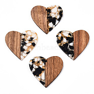 Transparent Resin & Walnut Wood Pendants, with Gold Foil, Heart Charms, Black, 37x39x3mm, Hole: 2mm(RESI-TAC0017-73-A01)