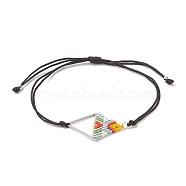 Glass Seed Braided Triangle Braided Bead Bracelet, with 304 Stainless Steel Rhombus, Braided Nylon Adjustable Bracelet for Women, Colorful, 0.14cm, Inner Diameter: 3-1/2~3-3/4 inch(9~9.5cm)(BJEW-MZ00026-02)