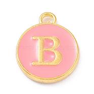 Golden Plated Alloy Enamel Charms, Enamelled Sequins, Flat Round with Alphabet, Letter.B, Pink, 14x12x2mm, Hole: 1.5mm(ENAM-Q437-14B)