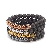 4Pcs 4 Color Natural Lava Rock & Synthetic Hematite Round Beaded Stretch Bracelets Set, Essential Oil Gemstone Bracelets with Alloy Skull for Halloween, Mixed Color, Inner Diameter: 2 inch(5cm), 1Pc/color(BJEW-JB07886)
