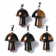 Natural Tiger Eye Pendants, with Stainless Steel Snap On Bails, Mushroom Shaped, 24~25x16mm, Hole: 5x3mm(G-N0325-10A)