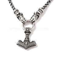 304 Stainless Steel Wolf Head King Box Chain Viking Mjolnir Thor Hammer Pendant Necklaces for Men, Antique Silver, 23.86 inch(60.6cm)(NJEW-K278-01AS)