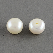 Grade AAA Natural Cultured Freshwater Pearl Beads, Half Drilled, Flat Round, White, 6~6.5x5mm, Half Hole: 1mm(PEAR-R008-6-6.5mm-01)