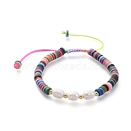 Adjustable Nylon Thread Braided Bead Bracelets, with Natural Cultured Freshwater Pearls and Handmade Polymer Clay Beads, Brass Beads, Golden, Colorful, 5.6~9.3cm(BJEW-JB05124-05)