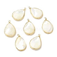Natural White Shell Pendants, Copper Wire Wrapped Teardrop Charms, Real 14K Gold Plated, 26~26.5x16.5~17x4.5~5mm, Hole: 1.6mm(KK-K236-02G)