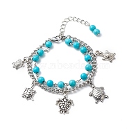 Synthetic Turquoise Beads Multi-strand Bracelets, Tortoise Alloy Charm & 304 Stainless Steel Curb Chains Bracelets for Women, Antique Silver & Platinum, 7-3/8 inch(18.6cm)(BJEW-JB08753)
