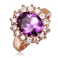 Flower Real Rose Gold Plated Tin Alloy Cubic Zirconia Finger Rings, Size 8, Purple, 18.1mm(RJEW-BB09724-8D)