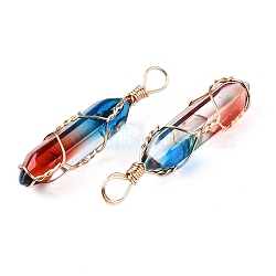 Lampwork Pendants, Copper Wire Wrapped Bullet Shapes, Faceted, Golden, Dodger Blue, 43x10.5x11.5mm, Hole: 4~5x5.5mm(GLAA-T023-07O)