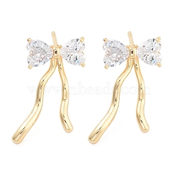 Bowknot Brass Pave Clear Cubic Zirconia Stud Earrings for Women, Golden, 21.5x11x3.5mm(EJEW-S216-02B-G)