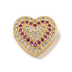 Rack Plating Brass Micro Pave Cubic Zirconia Beads, Long-Lasting Plated, Cadmium Free & Lead Free, Real 18K Gold Plated, Heart, Fuchsia, 12.5x13.5x6.5mm, Hole: 1.8mm(KK-C074-66G-01)