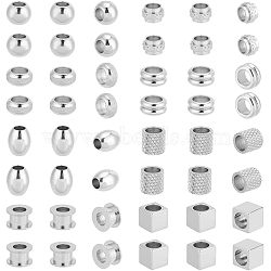 48Pcs 8 Style 304 & 201 & 303 Stainless Steel European Beads, Large Hole Beads, Rondelle & Rondelle & Cube, Stainless Steel Color, 7~10x7~10x4~8mm, Hole: 4~5mm, 6pcs/style(STAS-UN0040-02)