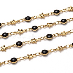 Handmade Brass Enamel Link Chains, with Spool, Long-lasting Plated, Soldered, Star & Flat Round, Golden, Black, Flat Round: 9x4.5x3mm, Star: 10x5x2mm, about 32.8 Feet(10m)/roll(CHC-I036-58B)