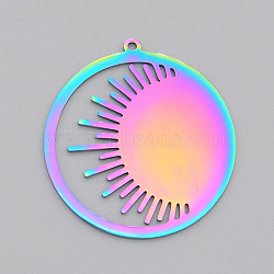 Ion Plating(IP) 201 Stainless Steel Pendants, Laser Cut, Ring with Sun, Rainbow Color, 32x30.5x1mm, Hole: 1.4mm(STAS-S105-LA498)