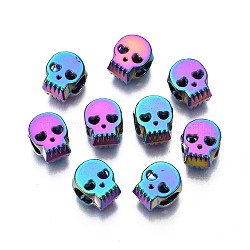 Rack Plating Rainbow Color Alloy European Beads, Large Hole Beads, Cadmium Free & Nickel Free & Lead Free, Skull, 10.5x8.5x6.5mm, Hole: 4.5mm(PALLOY-S180-348)