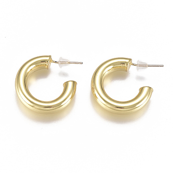 Brass Stud Earrings, Half Hoop Earrings, with Plastic Ear Nut, Long-Lasting Plated, Real 18K Gold Plated, 22x20x5mm, Pin: 1mm