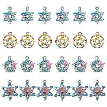 24Pcs 4 Styles Alloy Pendants, Star of David in Star of David & Ring with Ring, Rainbow Color, 19~25x16~20x1.5~3mm, Hole: 1.6~2mm, 6pcs/style