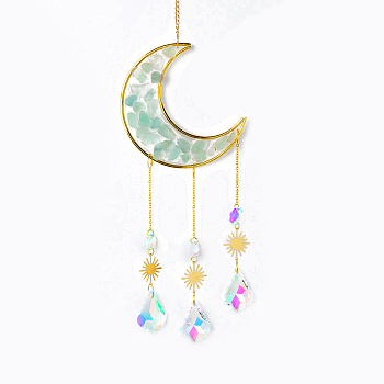 Natural Fluorite Chips Moon Pendant Decoration, Hanging Suncatchers, with Glass Teardrop Charm, for Home Garden Decoration, 400mm