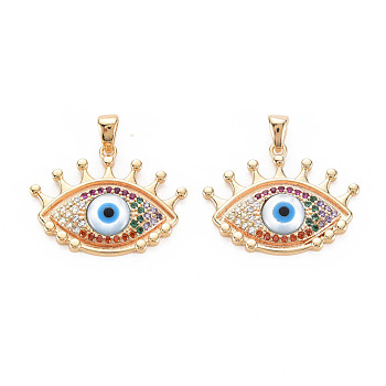 Brass Micro Pave Colorful Cubic Zirconia Pendants, with Enamel, Nickel free, Evil Eye, Real 18K Gold Plated, 16.5x22x3mm, Hole: 2x3mm
